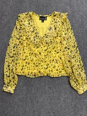 Broadway 38 Blouse Women’s Size S Yellow Floral Sheer Lined Collar Button Front - Image 1 of 4