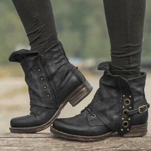 Womens Fashion Punk Rivet Buckle Strap Side Zipper Ankle Boots Cowboy Shoes Size - Picture 1 of 11