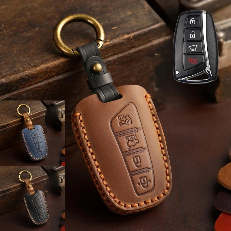 Funda de cuero genuino para llavero de coche para Hyundai Santa Fe Sonata Elantra Azera Foto 1 de 4