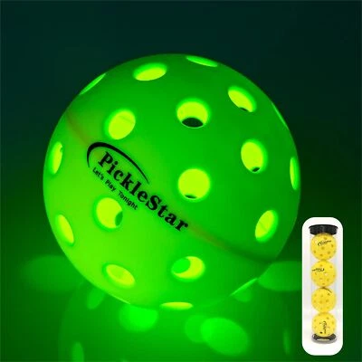 PICKLESTAR LET'S PLAY TONIGHT PickleStar LED Light Up Pickleball Balls, USAPA Standard Outdoor 40 Holes Yel...