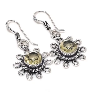 Lemon Quartz Gemstone Handmade 925 Starling Silver Jewelry Earring Size 1.5" - Picture 1 of 1
