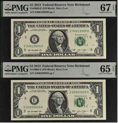 2013 $1 Federal Reserve Note PMG 67EPQ - Fancy Rollover Pair 00019999 & 00020000 - Image 1 of 4