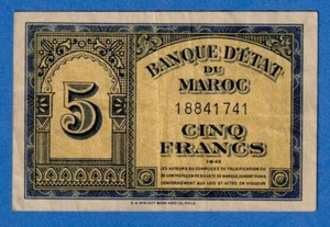 Morocco 5 Dirhams 1943 (01-AUG-43) P-24(1) 1st Sig Set Circulated Note 18841741 - Picture 1 of 2