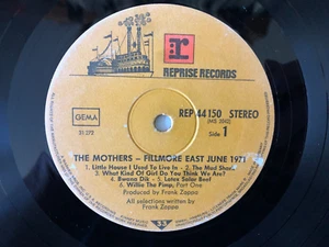 RECORD ONLY Frank Zappa / Mothers FILLMORE EAST JUNE 1971 Reprise Germany VG - Imagen 1 de 2