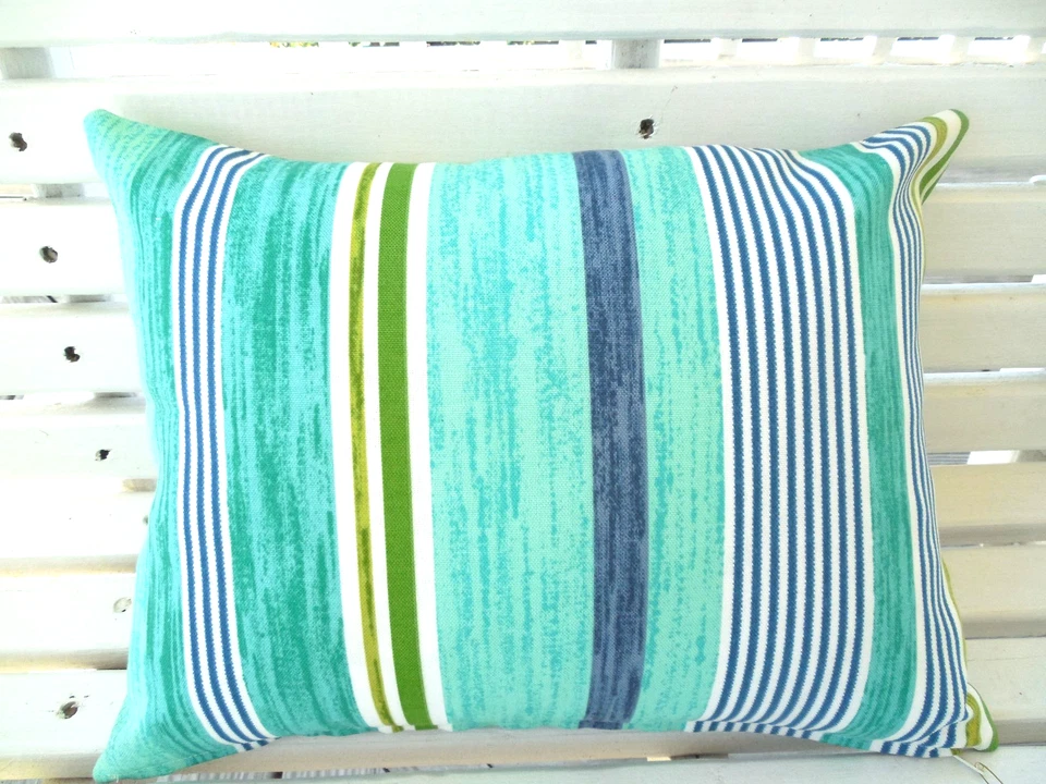 outdoor decorative stripe Blue Teal pillow cover zipper closure Teal 16 x 16 - Image 1 of 1
