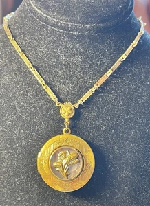 ANTIQUE Locket Pendant NECKLACE VICTORIAN GOLD TONE Floral Charm Art Deco Chain - Picture 1 of 17