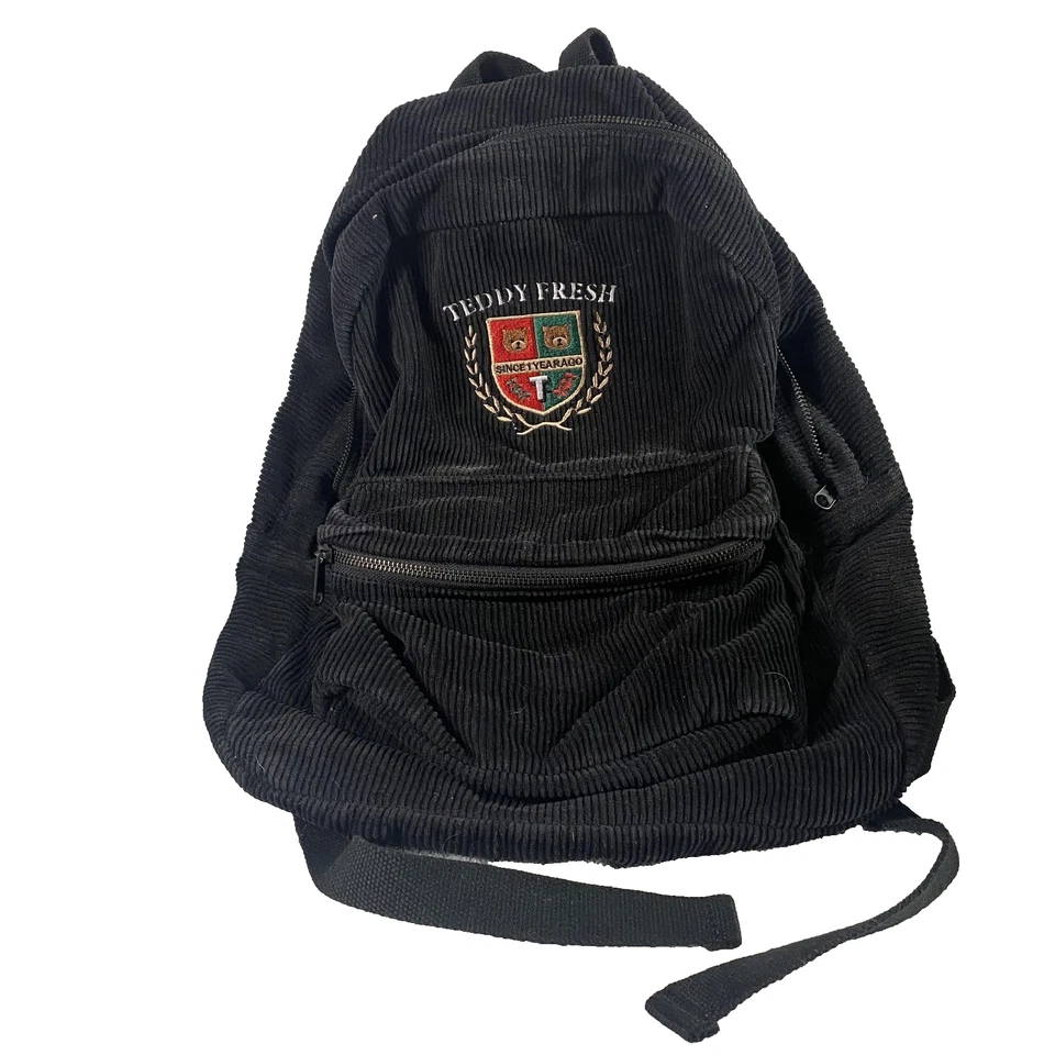 Teddy Fresh Black Corduroy Backpack Crest Logo School Laptop Bag Adjustable - Image 1 of 4