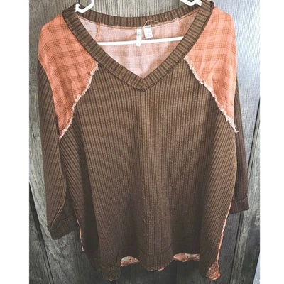 Camisa Top Cato Talla Grande 18 20w Marrón Cuadros Floral Retazos Cuello en V Foto 1 de 4