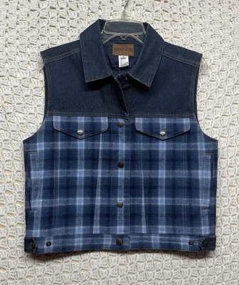 Vtg Pendleton Originals Jean Vest Women S Blue Denim Plaid Wool Cotton Polyester - Image 1 of 4
