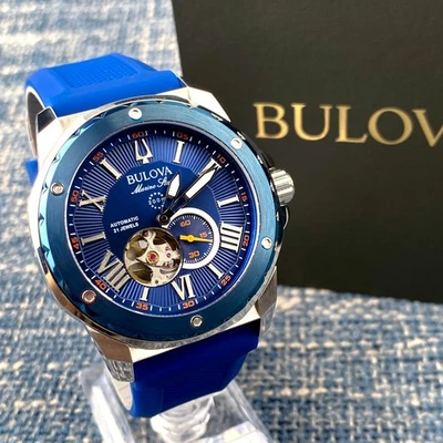 Bulova Marine Star Automatic Watch 98A303 Blue Dial Rubber Strap Men's Watch - Image 1 of 4