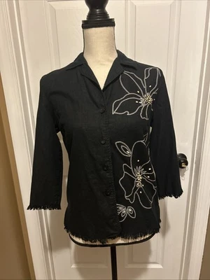 Requirements Linen Button Front Blouse Womens S Embroidered,Beaded,Raw Hemline - Image 1 of 4