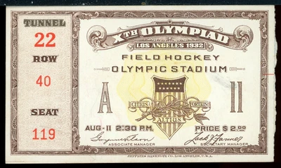 Vintage 1932 10th Olympiad Olympic Stadium Los Angeles CA Field Hockey Ticket - Image 1 of 2