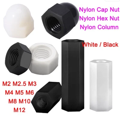 White / Black Nylon hex nut / Column/ cap nut Set M2 M2.5 M3 M4 M5 M6 M8 M10 M12 - Image 1 of 4