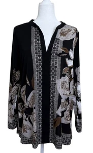 Susan Graver Damen Tunika schwarz braun Blumen Oberteil V-Ausschnitt Langarm Größe L - Bild 1 von 7