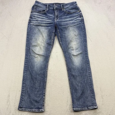 Мужские джинсы BKE 36x32 из синей джинсовой ткани Jake прямые выцветшие усатые с прорезями отверстиями - Изображение 1 из 4