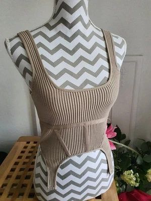 Zara Beige Ribbed Corset Style Top, Size M UK 8 10 New - Image 1 of 4