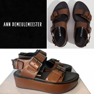 ANN DEMEULEMEESTER $1,500 Malta Khaki Leather Platform Sandals 37EU/7US-AUST/4UK - Picture 1 of 22