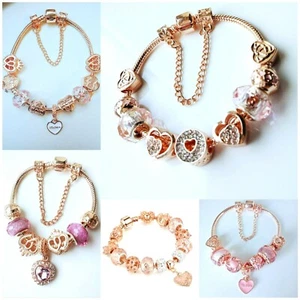 925 Rose Gold Colour Bracelet With Charm - Picture 1 of 7