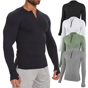 Men's Quick-Dry Active Sport Top Shirts Quarter Zip Long Sleeve Running Outdoor - Picture 1 of 16