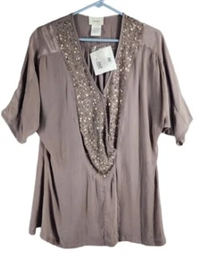 Nieman Marcus L SEQUIN Blouse Top Womens Size Large Khaki Brown V neck - Picture 1 of 11