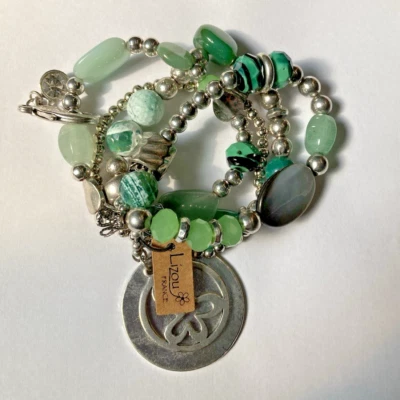 Lizou France Classics Stretch Stack Bracelet Green Teal Chunky Charms NOS w/ Tag - Image 1 of 4