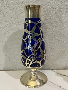Friedrich Wilhelm Spahr Cobalt Blue Glass Vase Sterling Silver Overlay 1000 #2 - Picture 1 of 8