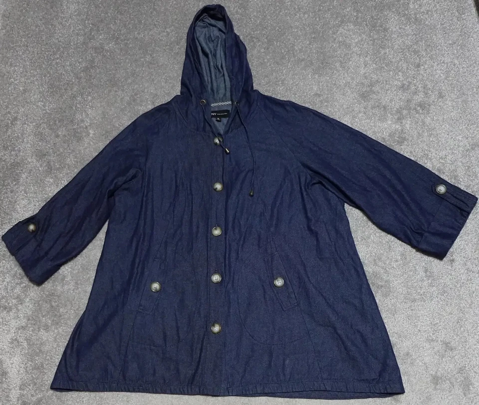 Jones New York Hooded Jacket Women's 1X Blue Denim 3/4 Sleeve Button Up - Image 1 of 4