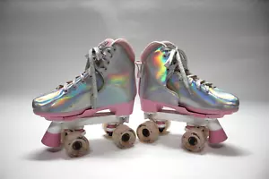 Rollschuhe Regenbogen holographisch Kind Größe 3-7 beleuchtete Räder silber - Bild 1 von 9