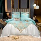 Super King 4Pcs Satin Cotton Rich Silky Duvet Cover Set Embroidery  Bedding Set