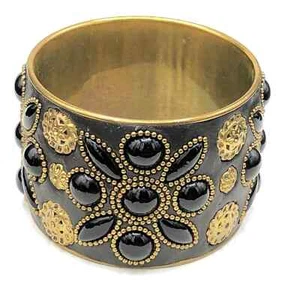 Handmade Artisan Brass Floral Bracelet Ornamental Beads Black Resin Cuff Bangle - Picture 1 of 7