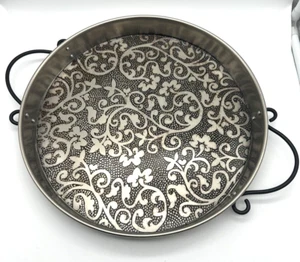 WH Portugal Embossed Metal Tray w Scroll Handles Silver Tone Black 13.75" Dia - Picture 1 of 7