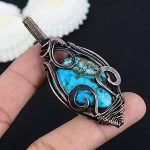 Tibetan Blue Turquoise Gemstone Pendant Copper Wire Wrapped Pendant Gift For Her - Picture 1 of 4