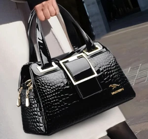 Borsa tote in pelle PU nera lucida grande capacità motivo coccodrillo tracolla - Foto 1 di 7