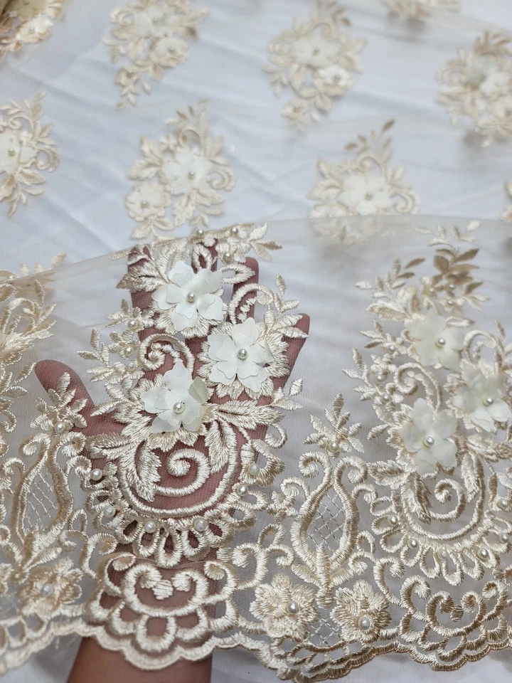 Champagne Lace Fabric By The Yard 3d Floral Flower Embroidered on Mesh For Dress - Image 1 of 4