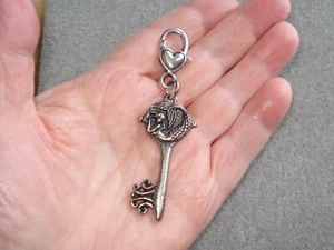 3" Drop Silver Pewter Mermaid Key on Heart Clasp Zipper Pull 2-sided Purse Charm - Picture 1 of 8