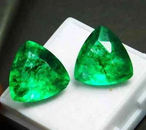 Certified 16.90 Ct Natural Beautiful Colombian Green Emerald Loose Gemstone pair - Picture 1 of 8