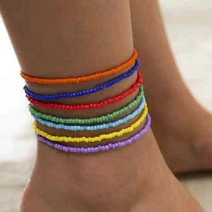 OPAQUE SEED BEAD ANKLE BRACELET 51 COLOURS SILVER LINED, LUSTRE ,METALLIC,PEARL - Picture 1 of 56