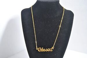 Word Letter BLESSED Shape Pendant Necklace Yellow Gold Tone 18-inch chain