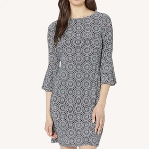 Tommy Hilfiger Marineblau Medaillon Jersey Glockenärmel Etuikleid Größe 6 Stretch - Bild 1 von 7