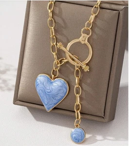 Zara 18K vergoldet Knebel Halskette Kette mit großem blauem Marmor Herz T Bar Sale - Bild 1 von 4