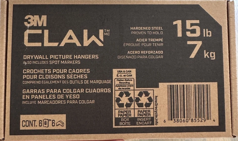 3M CLAW(TM) 15 lb. Percha para paneles de yeso con marcador de punto, paquete de 6 de peso pesado Foto 1 de 1