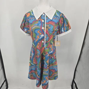Robe psychédélique imprimée marguerite smak salon col manches courtes rétro grande NEUVE - Photo 1/9