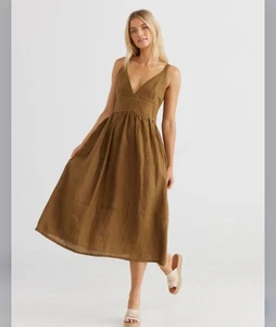 The Shanty Corp Conchita Dress Sz Small Brown Basil 100% Linen Midi NWT RRP $199 - Picture 1 of 12