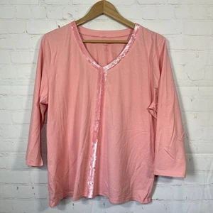 Top donna Talbots paillettes popover taglia 1x maglia cotone rosa manica 3/4 - Foto 1 di 9
