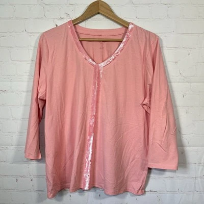 Top Talbots Mujer Lentejuelas Popover Mujer Talla 1X Rosa Algodón Tejido Manga 3/4 Foto 1 de 4