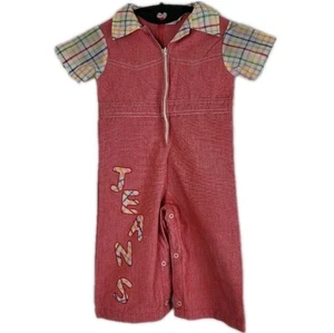 Vintage original Tiny Tots 2T/3T cotton romper red plaid coveralls western Jeans - Picture 1 of 17
