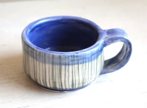 MCM Style Student Pottery Wheel Thrown Low Coffee Tea Mug Blue Green Stripe - Picture 1 of 6