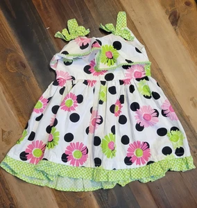 Nannette Girls Dress 24 M Sleeveless Flower Polkado Green White Pink Floral 60s  - Picture 1 of 5