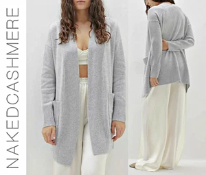 NAKEDCASHMERE TORY OPEN FRONT POCKETS 32"LONG CASHMERE CARDIGAN  GREY sz M  $375 - Picture 1 of 21