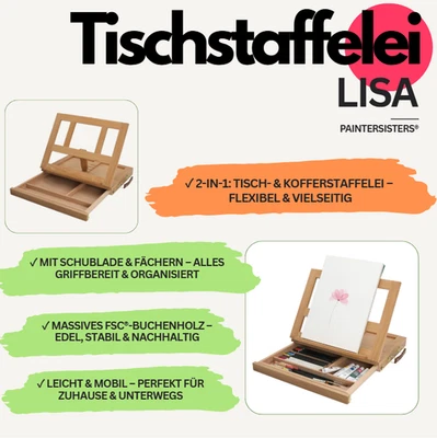 Tischstaffelei Lisa - Sitzstaffelei mit Schublade, Kofferstaffelei Massiv Holz - Bild 1 von 4